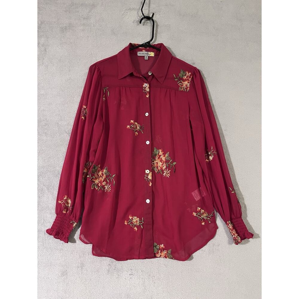 FIGUEROA & FLOWER Embroidered Blouse Semi Sheer Red Womens M Button Up